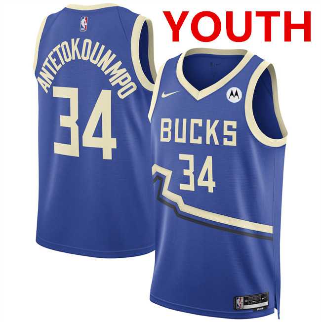 Youth Milwaukee Bucks #34 Giannis Antetokounmpo Royal 2024-25 City Edition Stitched Jersey Dzhi